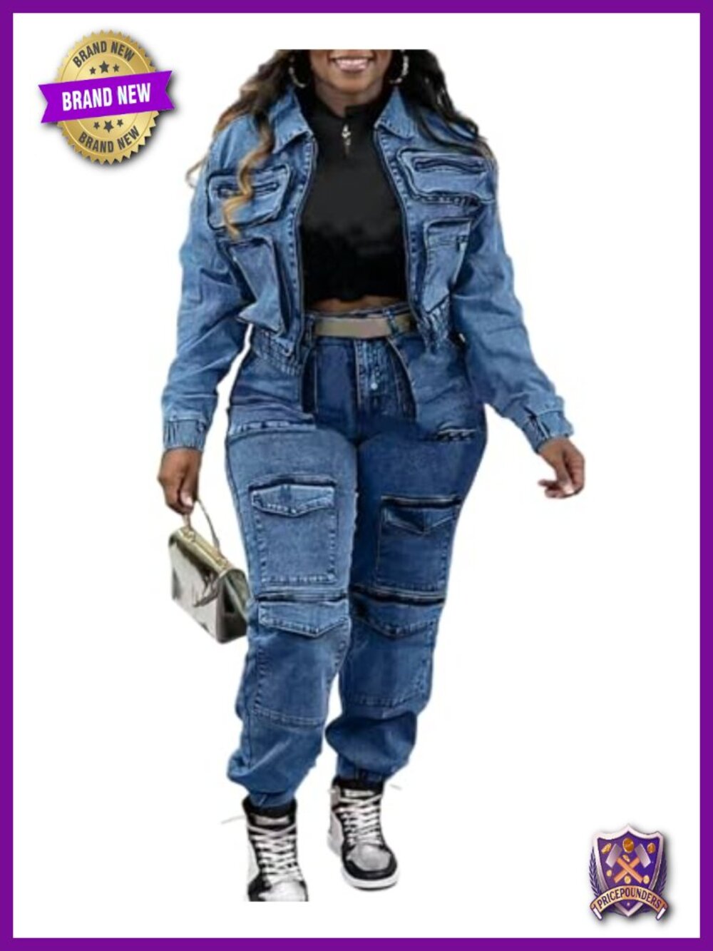 Denim 2 Piece Set Cropped Jacket Cargo Jogger Pants Loungewear
